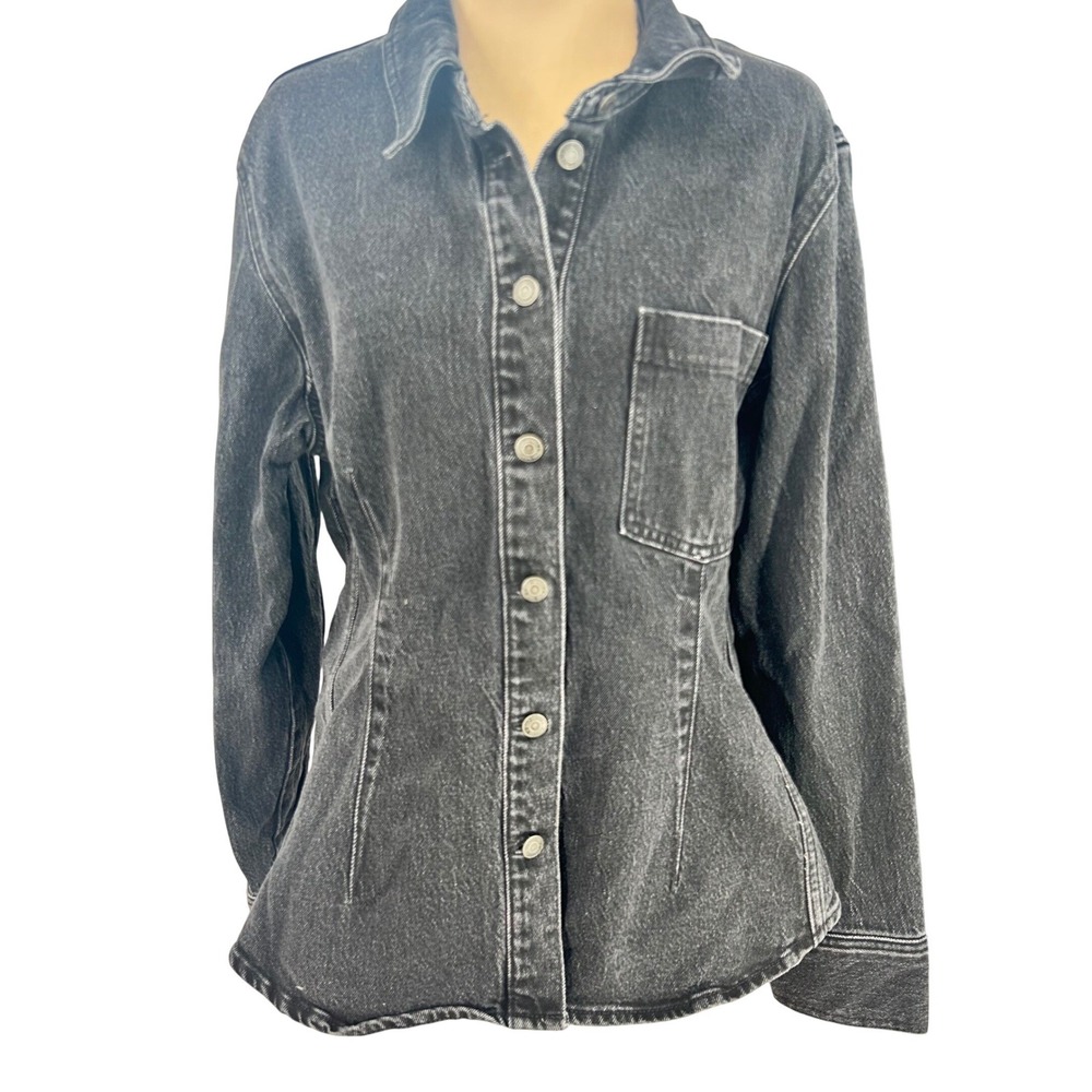GAP Women Washed Black Denim Button Down Shirt Tailored Fit Large Long Sleeve